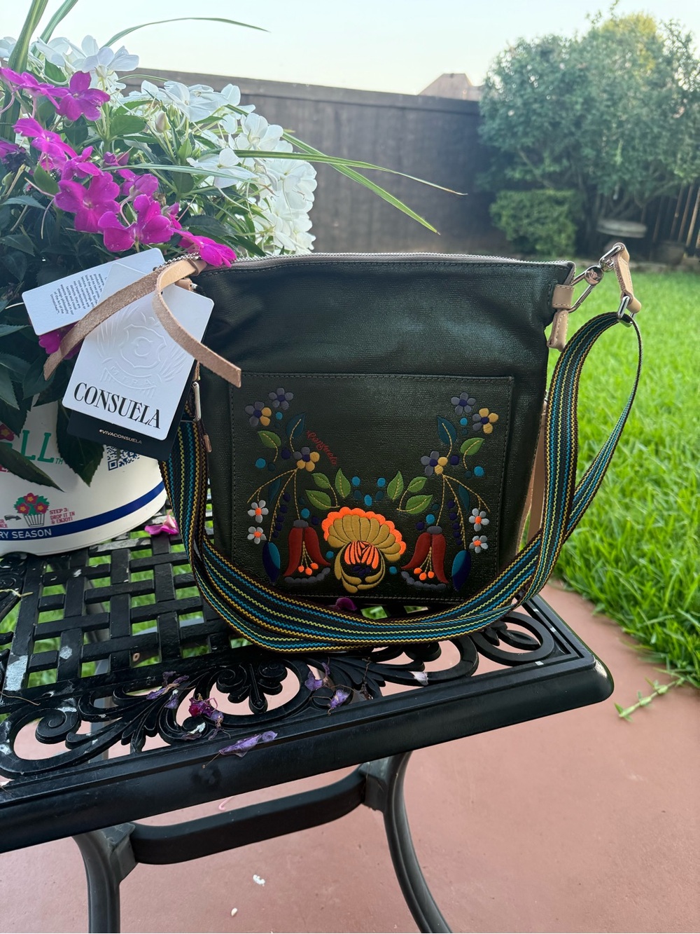 NWT Consuela Tour Crossbody Bag Olive Floral Embroidered Leather Trim - Picture 2 of 16